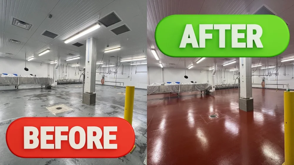 Before and after epoxy floor coating — NexGen Landscaping HQ by Pioneer Paint Pros